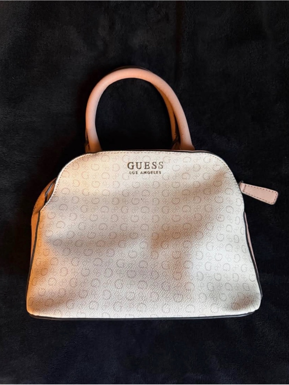 GUESS Cream Logo Dome Satchel with Pale Pink Handles